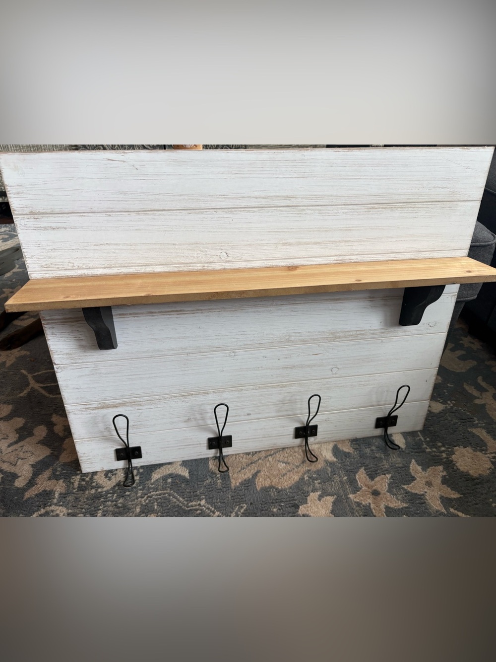Rustic White Wood Wall Hook Shelf with Black Metal Hooks